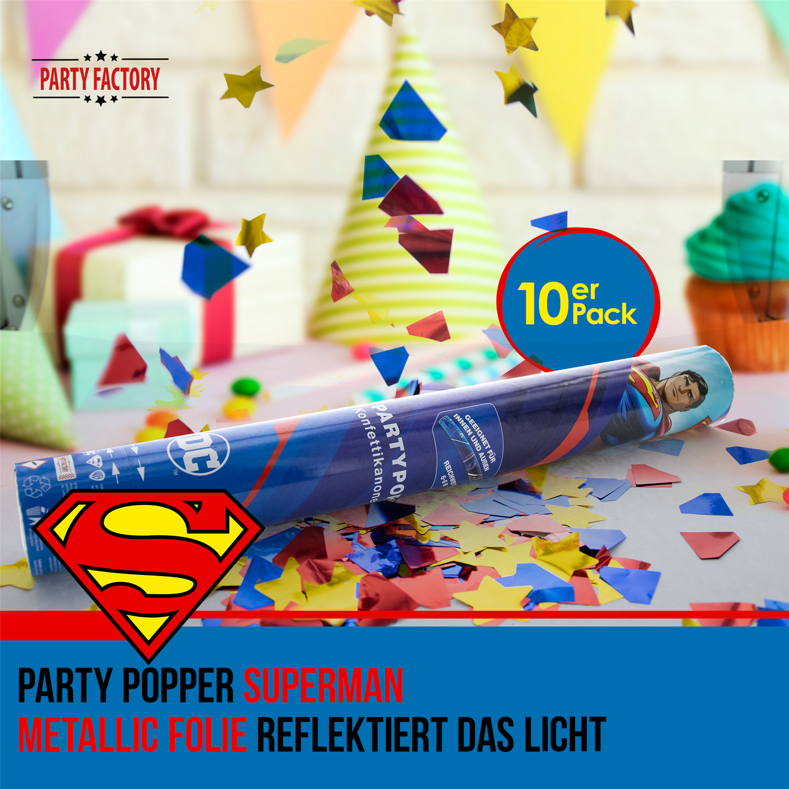 Party Factory `Superman´ Party Popper 10er Set, 40 cm Konfettikanone mit bunt schimmerndem Konfetti, bis zu 8 m Flughöhe 2