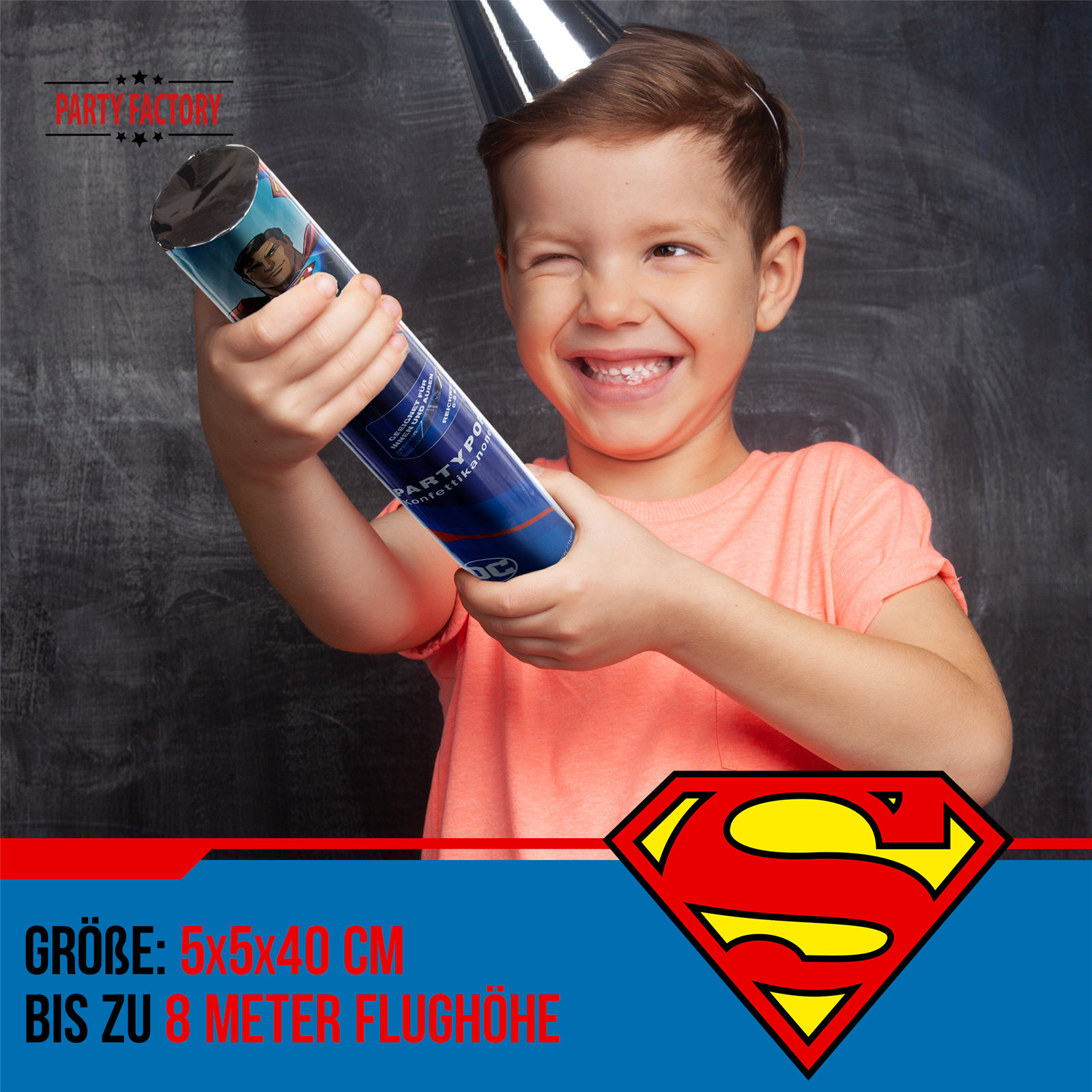 Party Factory `Superman´ Party Popper 10er Set, 40 cm Konfettikanone mit bunt schimmerndem Konfetti, bis zu 8 m Flughöhe 3