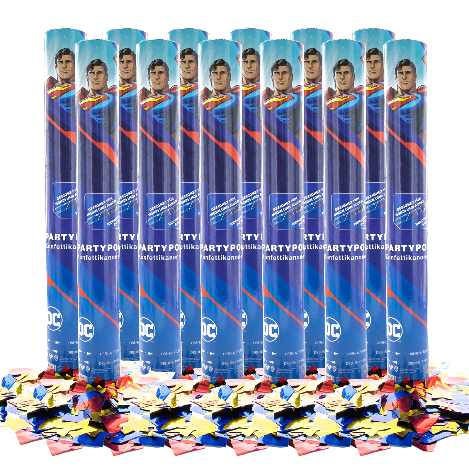 Party Factory `Superman´ Party Popper 12er Set, 40 cm Konfettikanone mit bunt schimmerndem Konfetti, bis zu 8 m Flughöhe