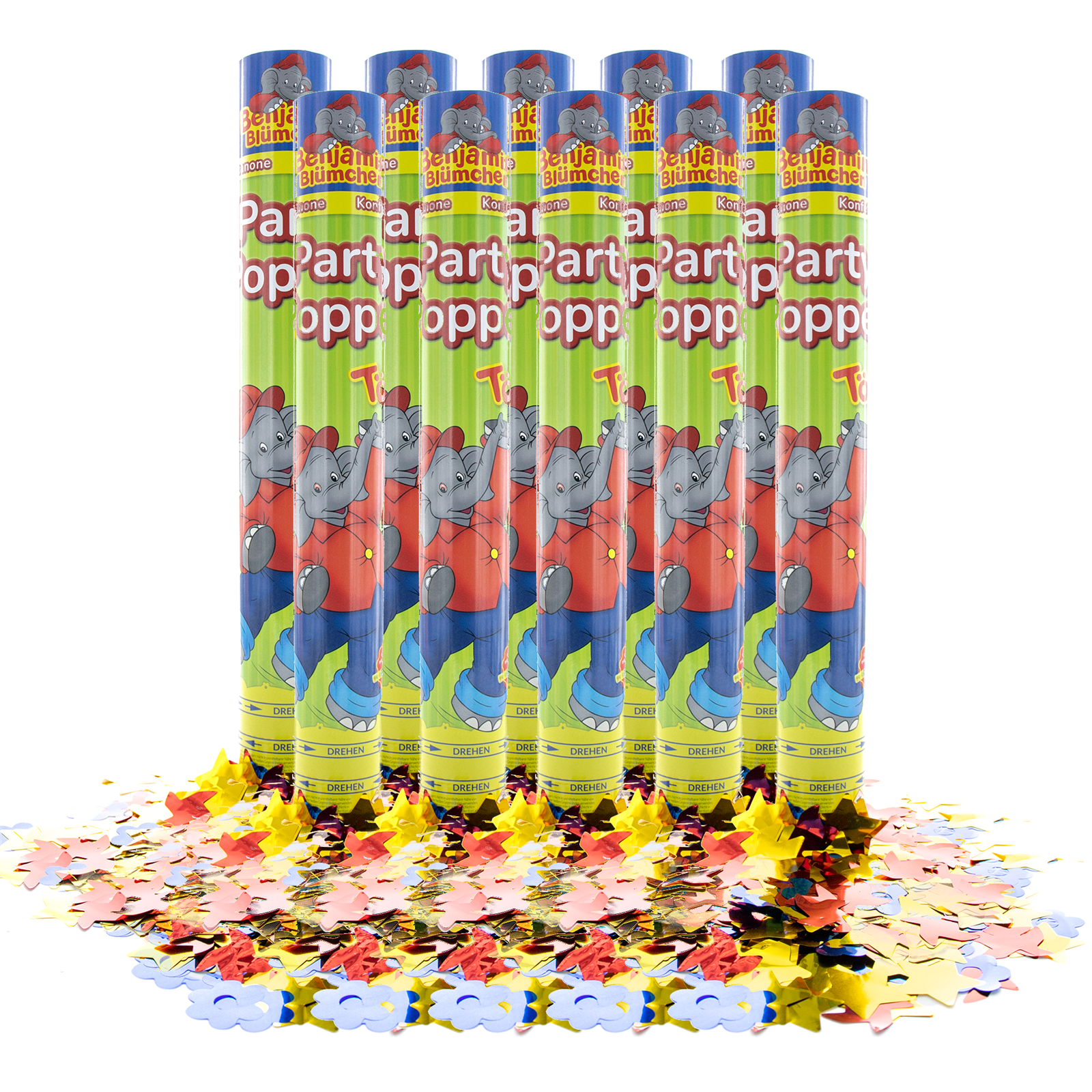 Party Factory `Benjamin Blümchen´ Party Popper 10er Set, 40 cm Konfettikanone mit bunt schimmerndem Konfetti, bis zu 8 m Flughöhe