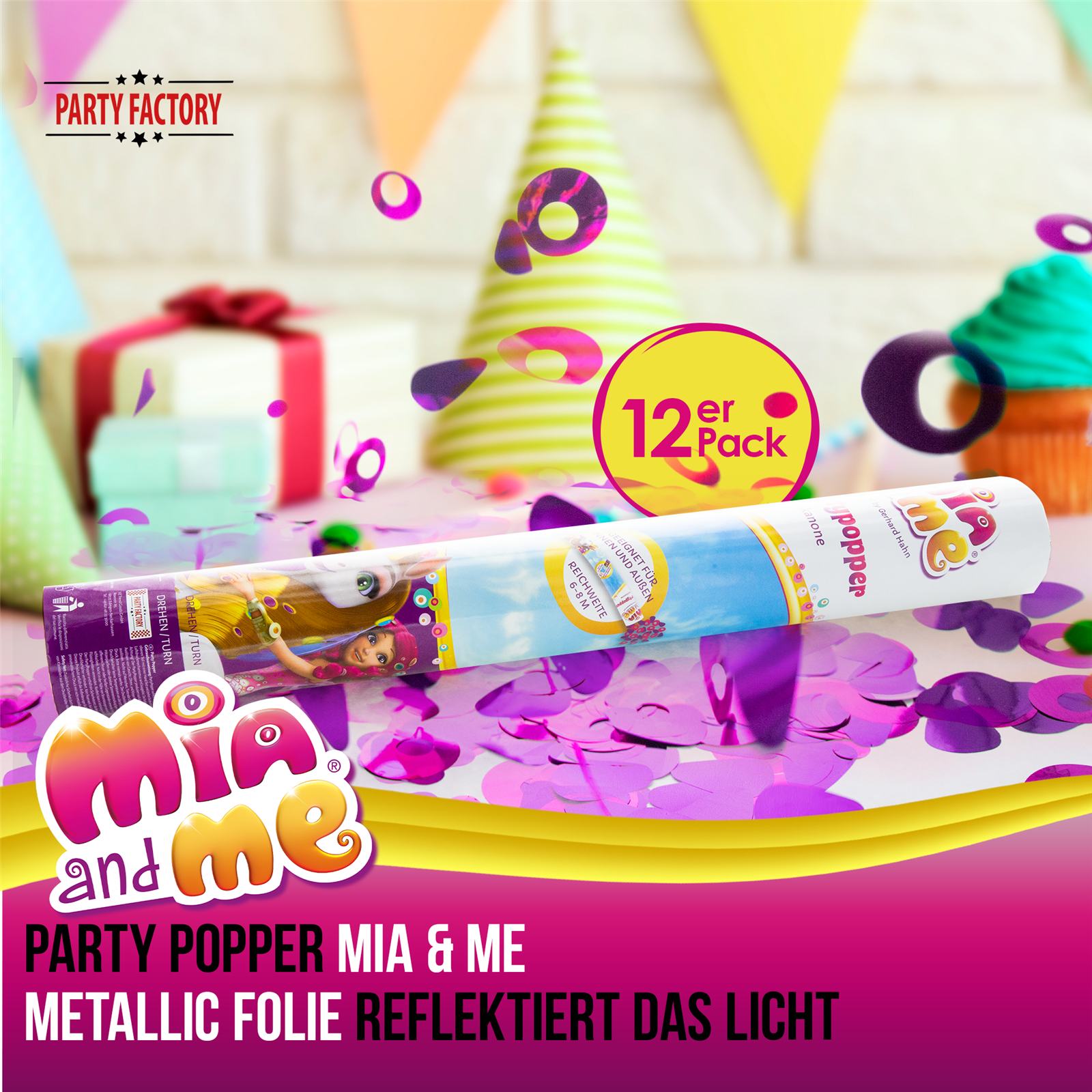 Party Factory `Mia & me´ Party Popper 12er Set, 40 cm Konfettikanone mit bunt schimmerndem Konfetti, bis zu 8 m Flughöhe 2