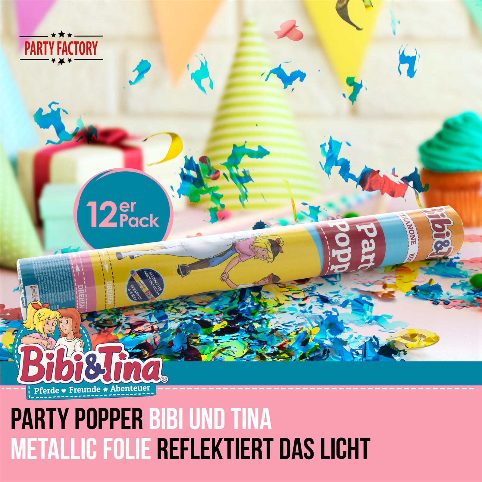 Party Factory `Bibi & Tina´ Party Popper 12er Set, 40 cm Konfettikanone mit bunt schimmerndem Konfetti, bis zu 8 m Flughöhe 2