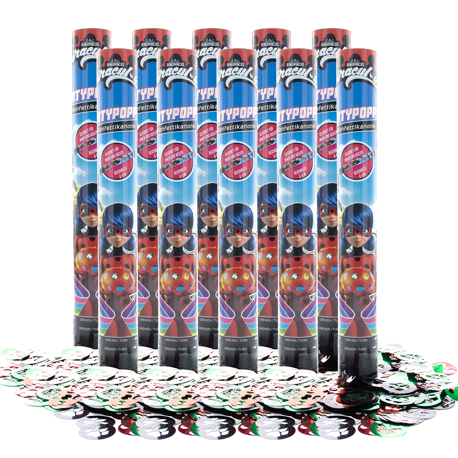 Party Factory `Miraculous´ Party Popper 10er Set, 40 cm Konfettikanone mit bunt schimmerndem Konfetti, bis zu 8 m Flughöhe