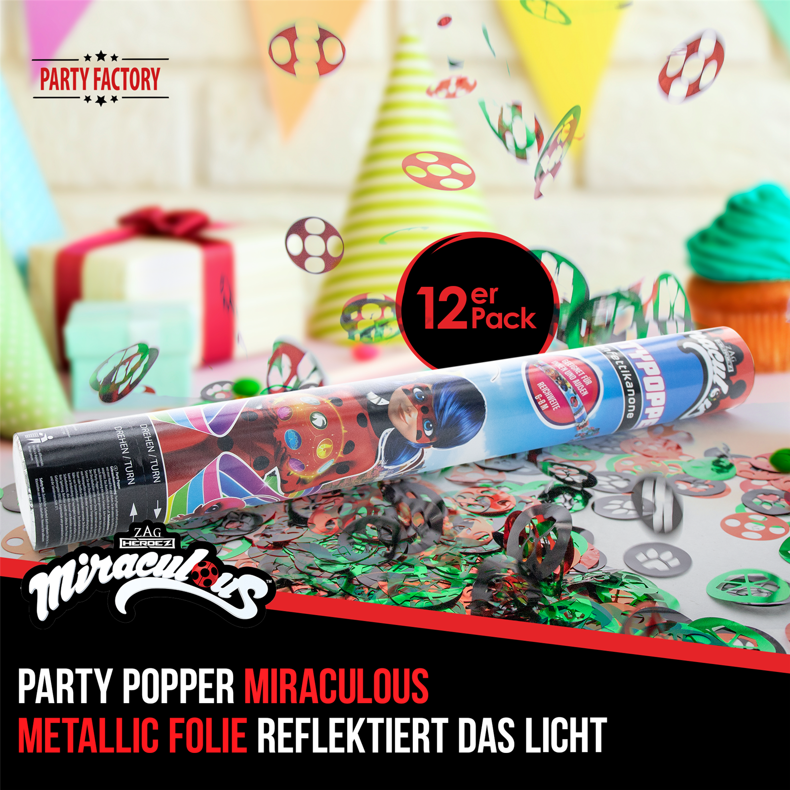 Party Factory `Miraculous´ Party Popper 12er Set, 40 cm Konfettikanone mit bunt schimmerndem Konfetti, bis zu 8 m Flughöhe 2