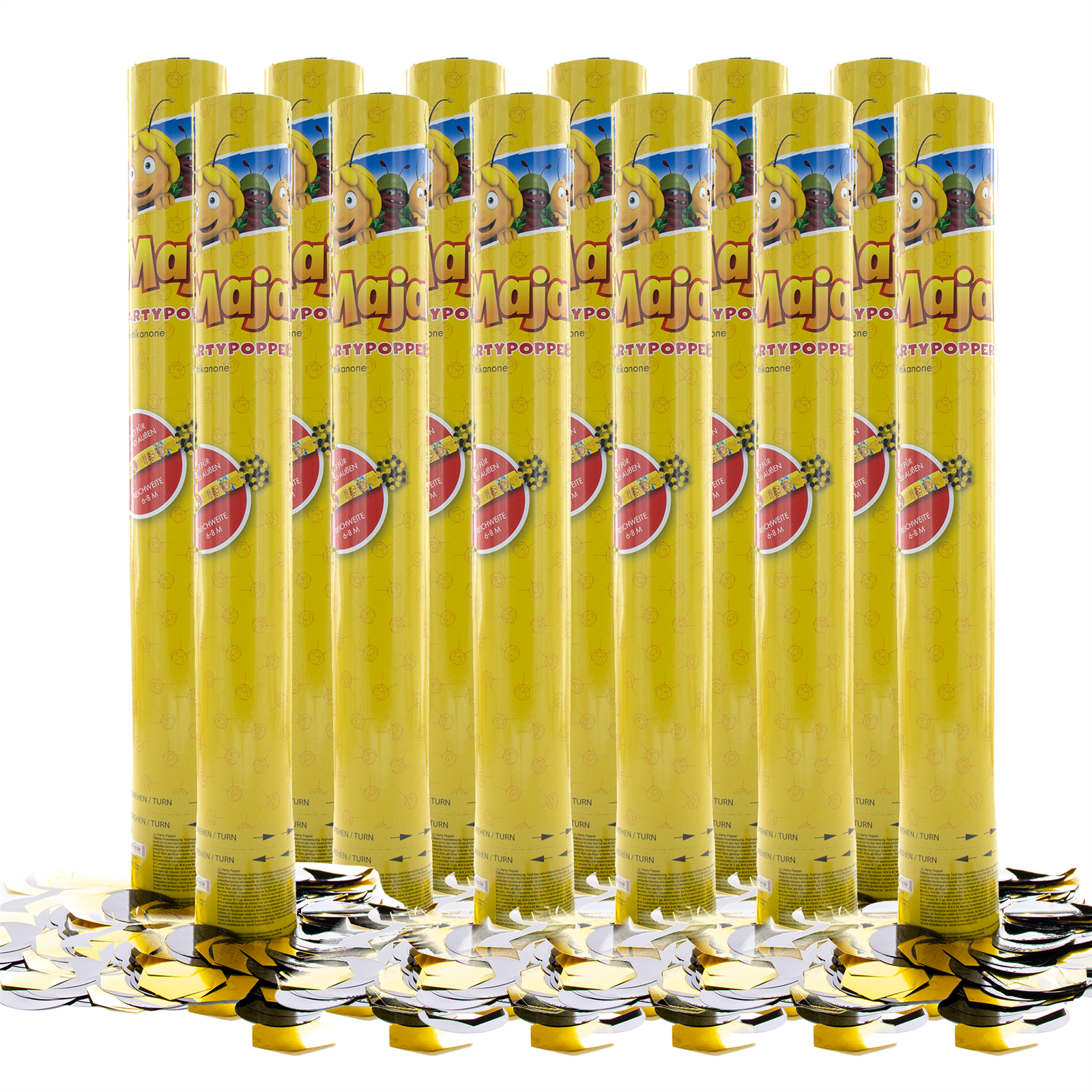 Party Factory `Biene Maja´ Party Popper 12er Set, 40 cm Konfettikanone mit bunt schimmerndem Konfetti, bis zu 8 m Flughöhe