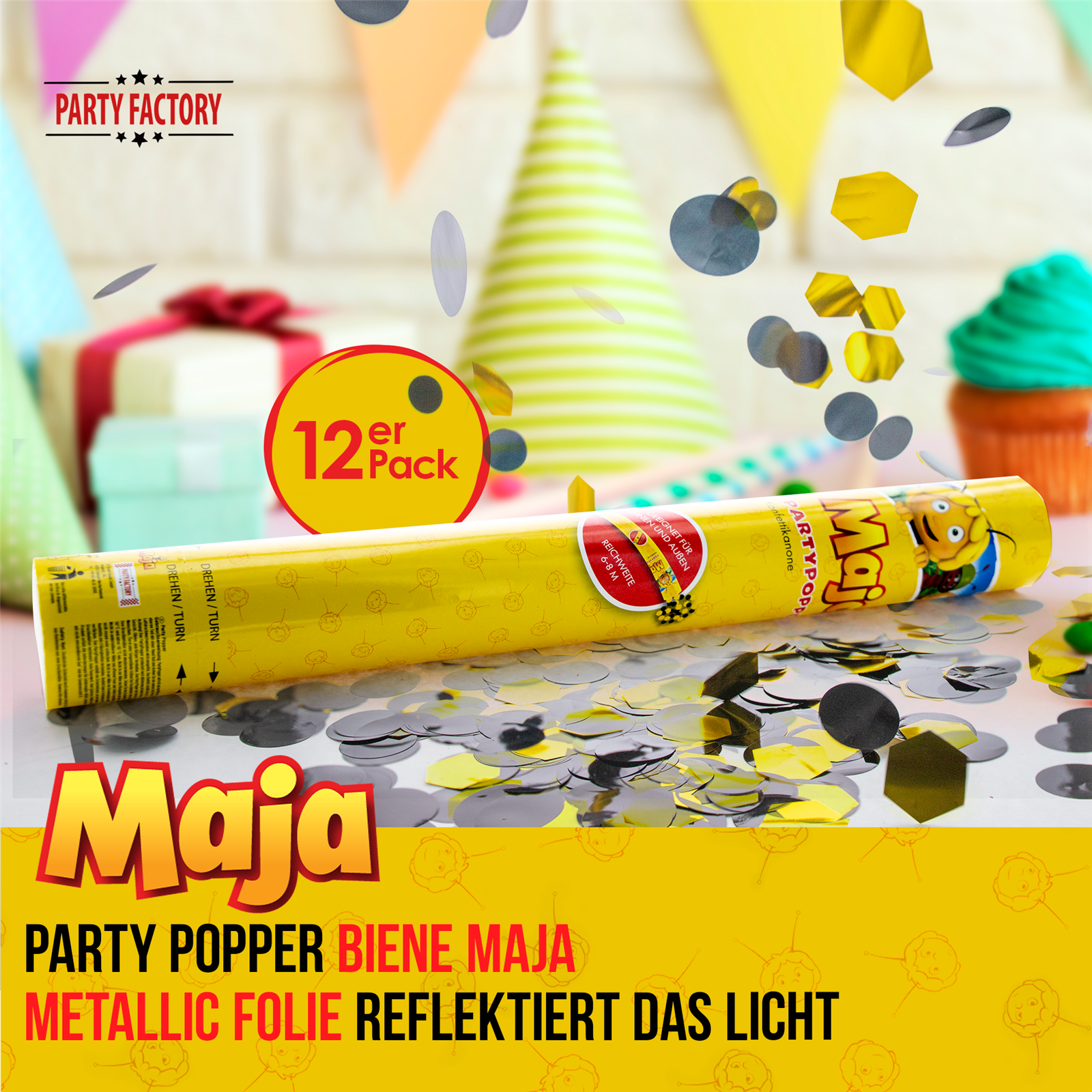 Party Factory `Biene Maja´ Party Popper 12er Set, 40 cm Konfettikanone mit bunt schimmerndem Konfetti, bis zu 8 m Flughöhe 2