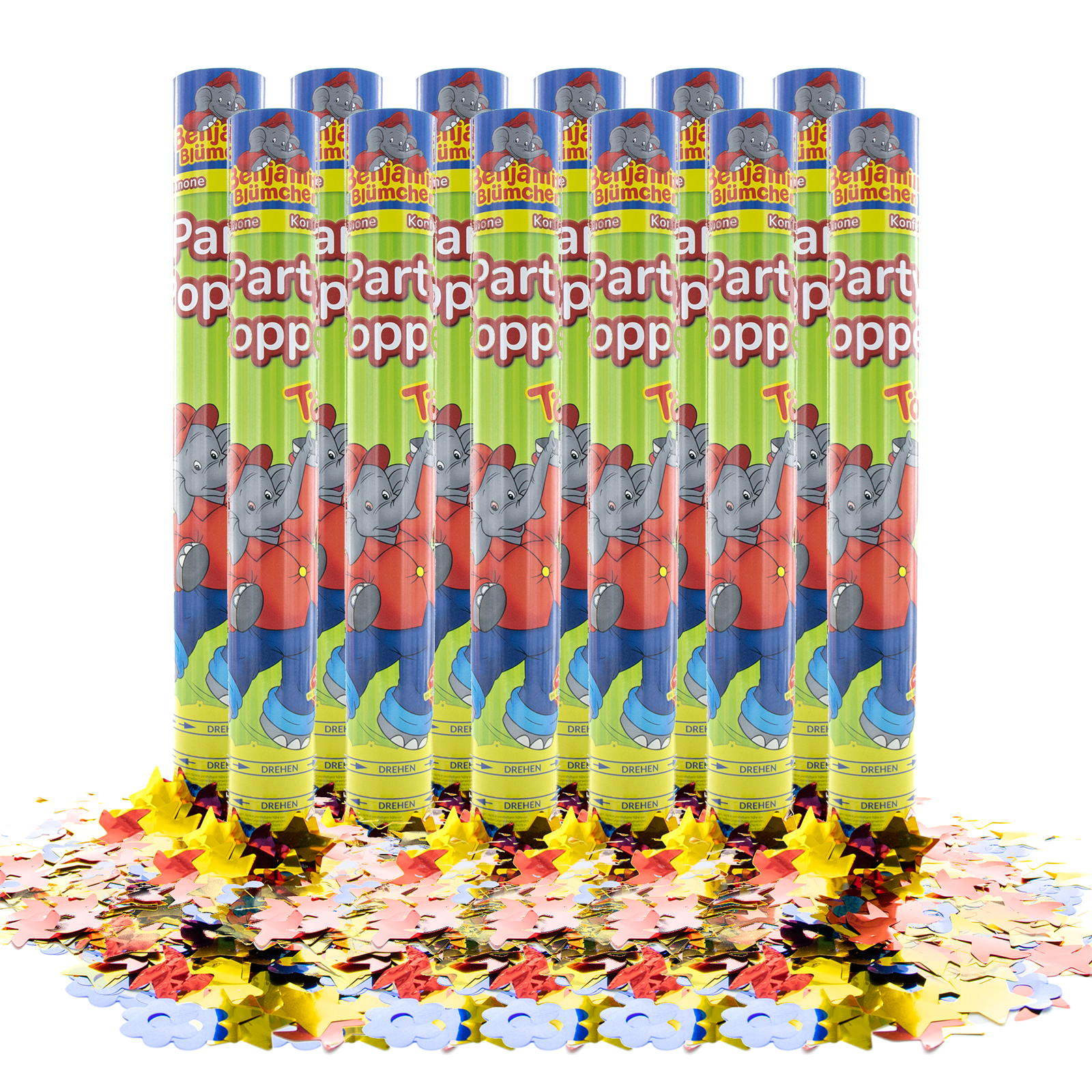 Party Factory `Benjamin Blümchen´ Party Popper 12er Set, 40 cm Konfettikanone mit bunt schimmerndem Konfetti, bis zu 8 m Flughöhe