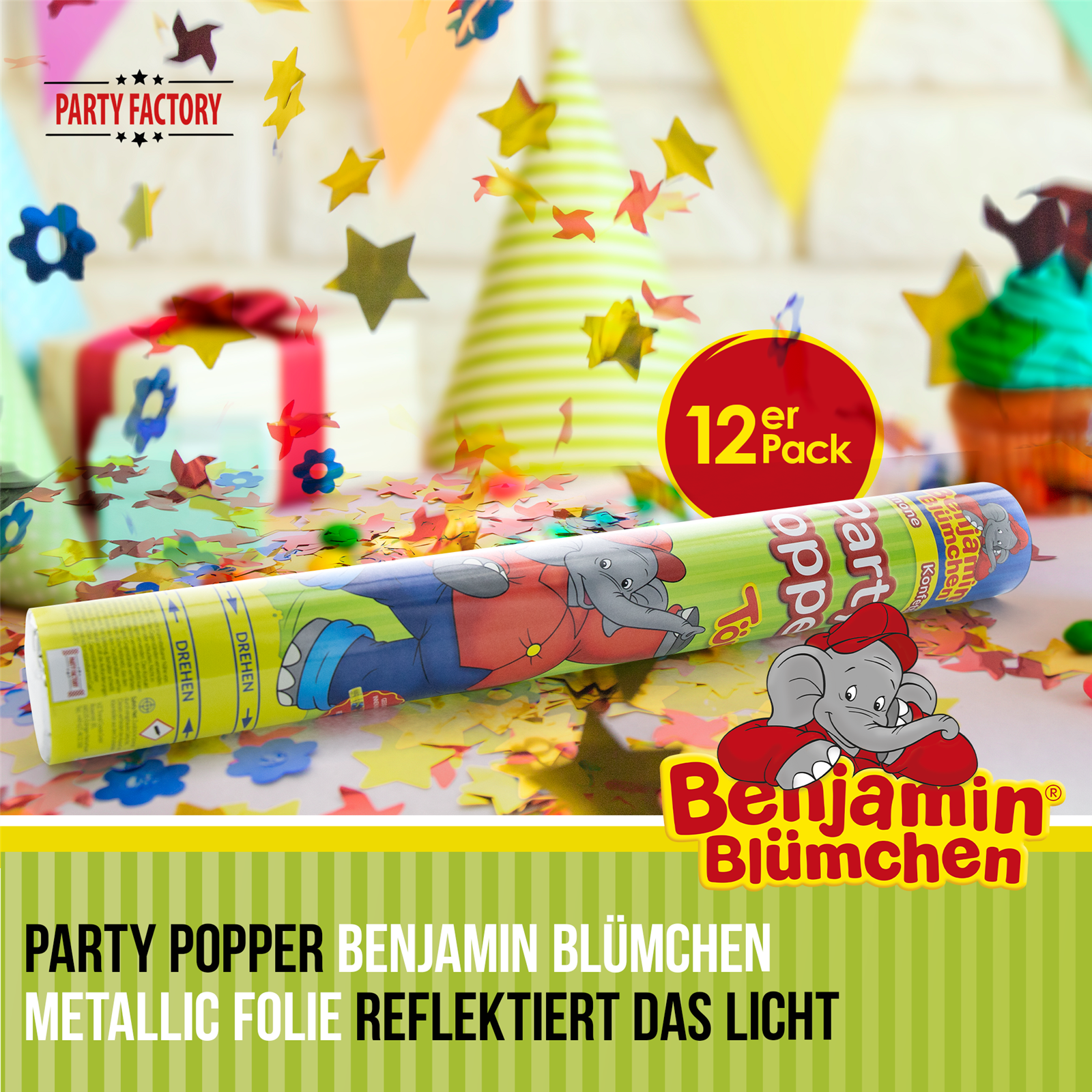 Party Factory `Benjamin Blümchen´ Party Popper 12er Set, 40 cm Konfettikanone mit bunt schimmerndem Konfetti, bis zu 8 m Flughöhe 2