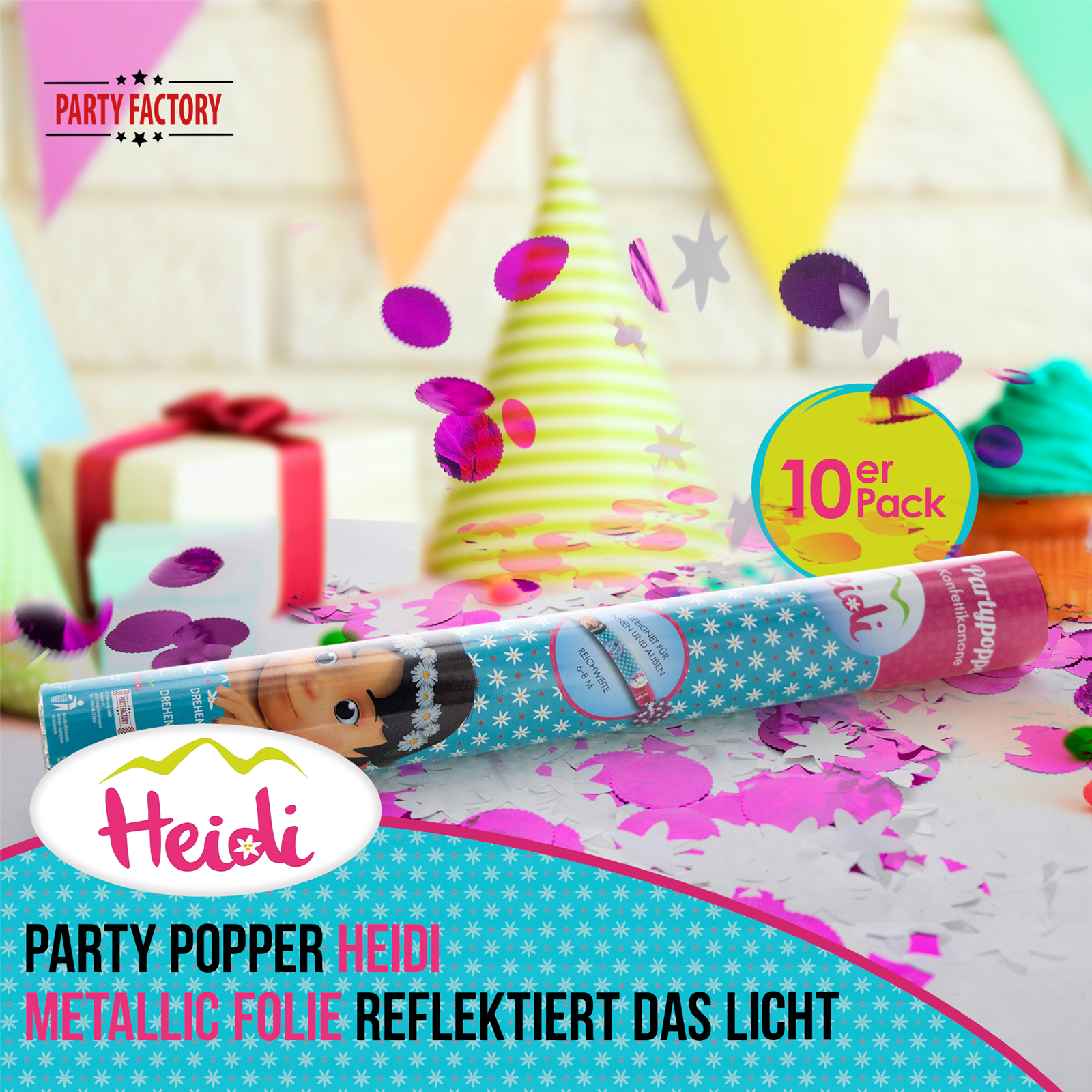 Party Factory `Heidi´ Party Popper 10er Set, 40 cm Konfettikanone mit bunt schimmerndem Konfetti, bis zu 8 m Flughöhe 2