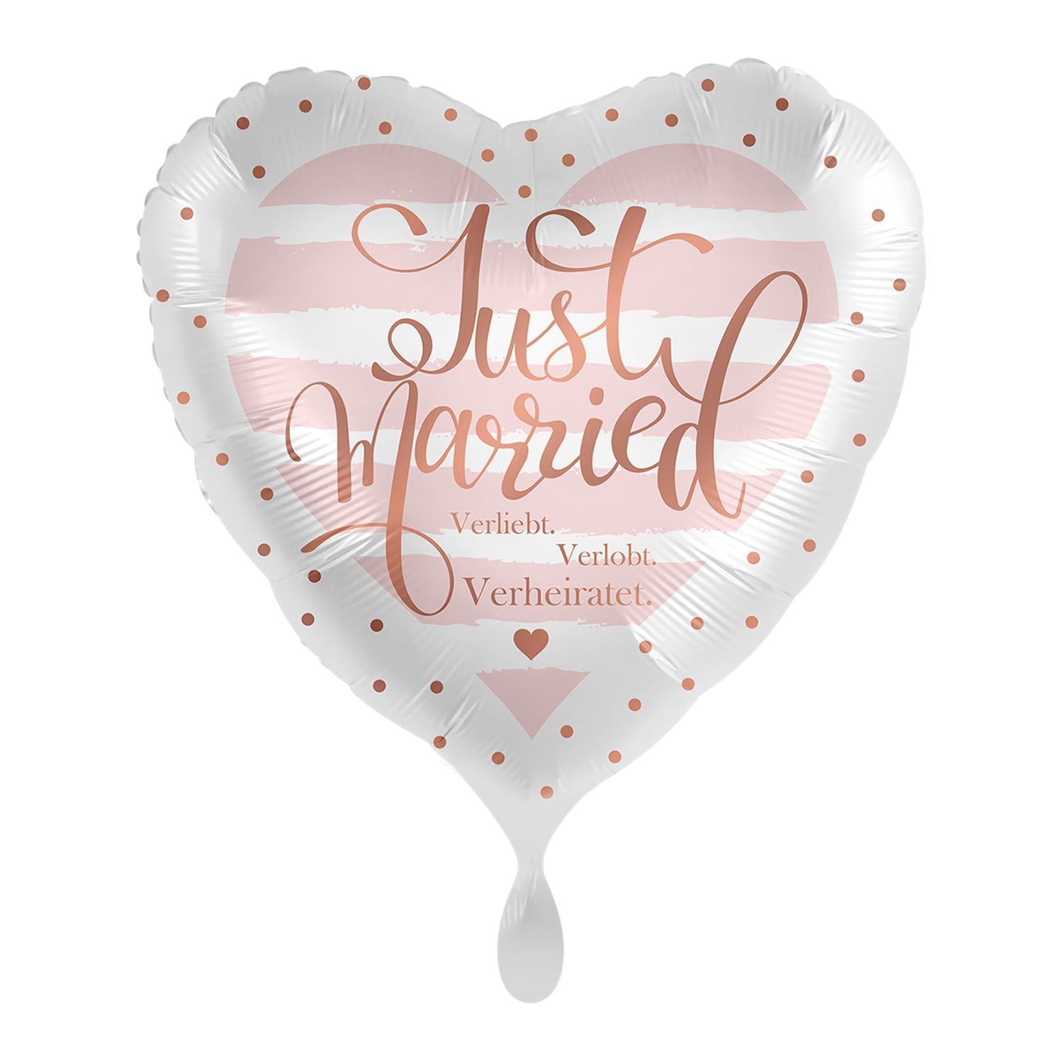 Folienballon herzförmig, "Just Married; Verliebt, Verlobt, Verheiratet" Ø 43 cm, weiß, rosa, gepunktet