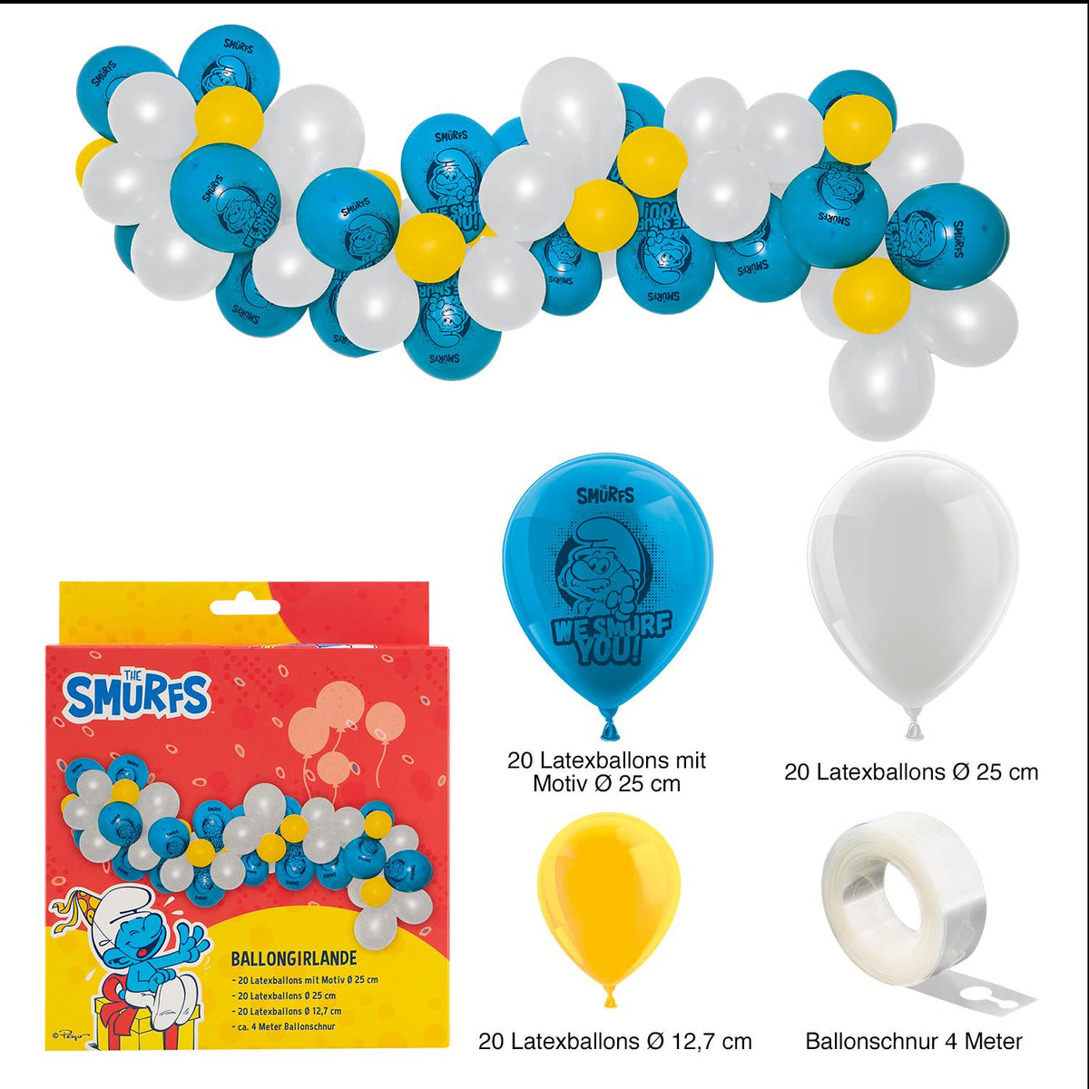Die Schlümpfe Ballongirlande Set 60-teilig blau weiß gelb Kindheitshelden Ballons