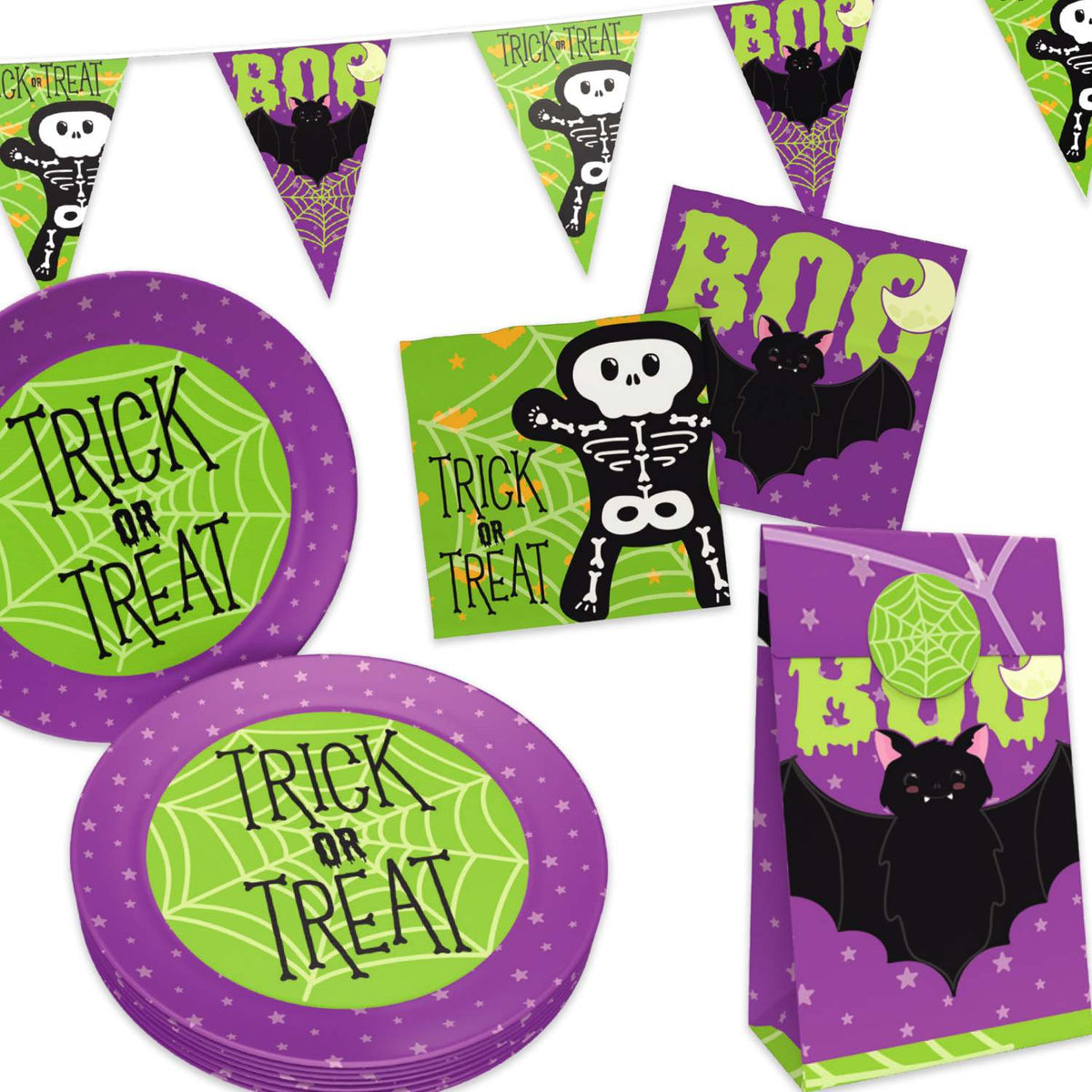 Halloween Skelett 39-teiliges Party-Set mit Tellern Servietten Geschenktüten Wimpelkette