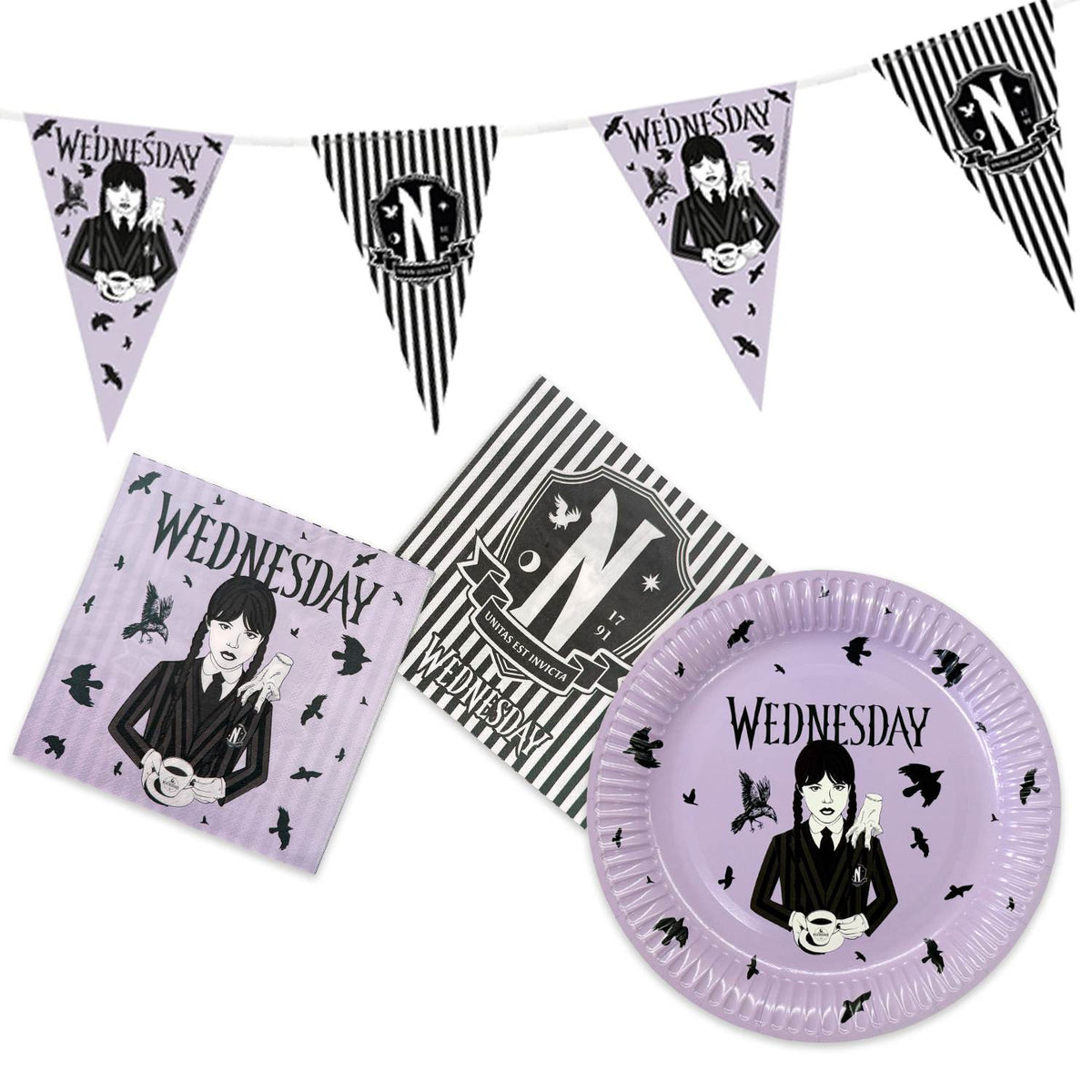 Halloween Wednesday 29-teiliges Party-Set mit Tellern Servietten Wimpelkette lila 1