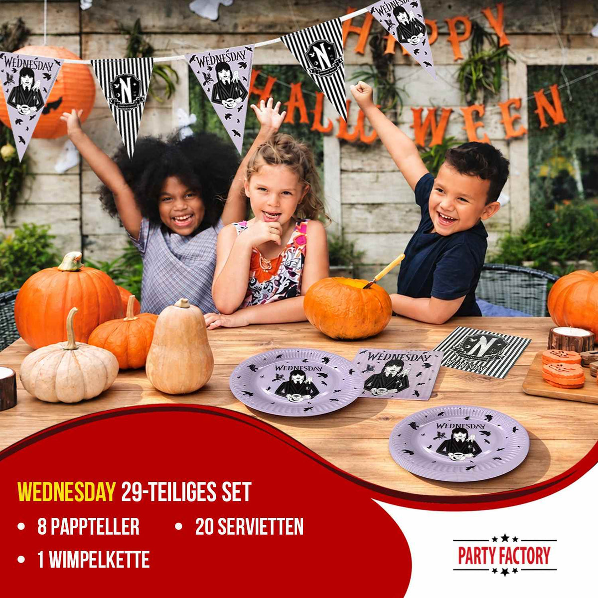 Halloween Wednesday 29-teiliges Party-Set mit Tellern Servietten Wimpelkette lila 2