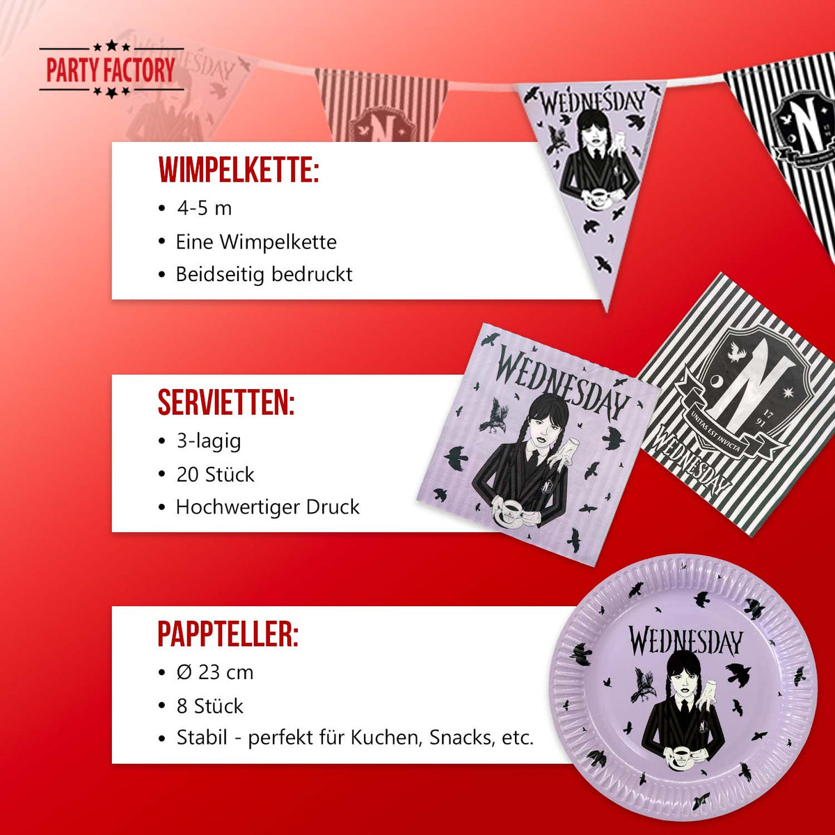 Halloween Wednesday 29-teiliges Party-Set mit Tellern Servietten Wimpelkette lila 4