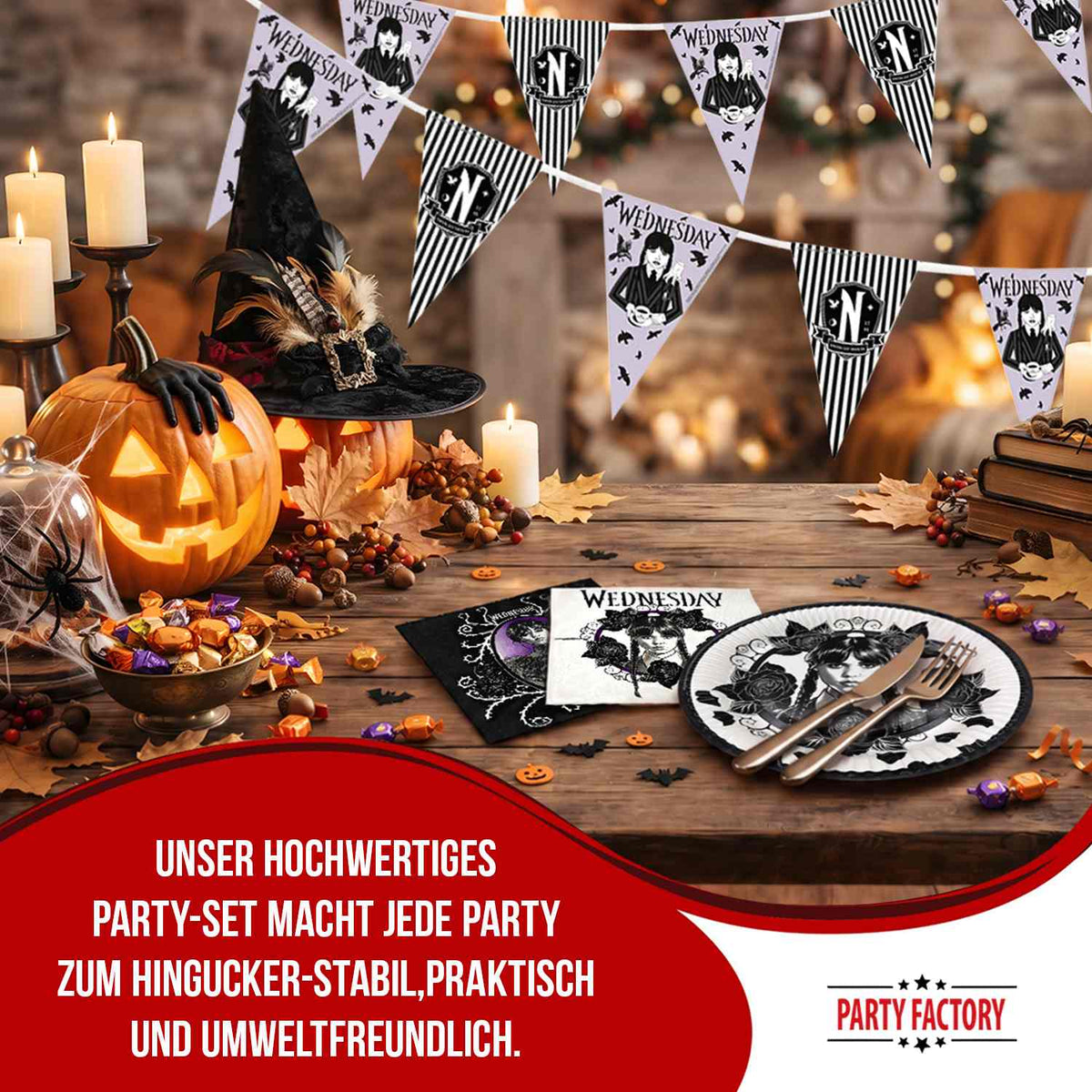 Halloween Wednesday 29-teiliges Party-Set mit Tellern Servietten Wimpelkette weiß 4