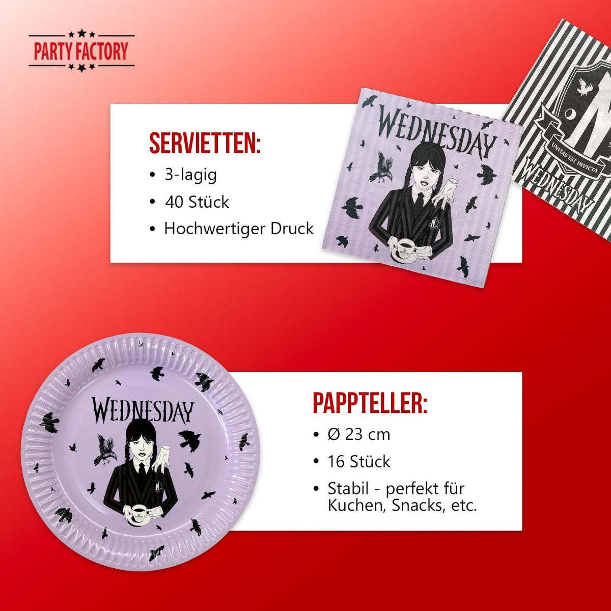 Halloween Wednesday 56-teiliges Party-Set mit 16 Tellern 40 Servietten lila 4