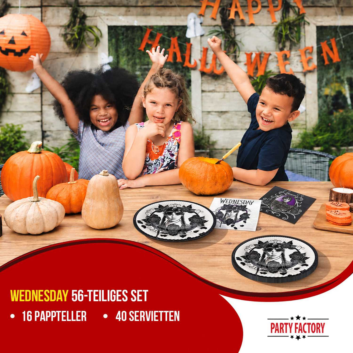 Halloween Wednesday 56-teiliges Party-Set mit 16 Tellern 40 Servietten weiß 2