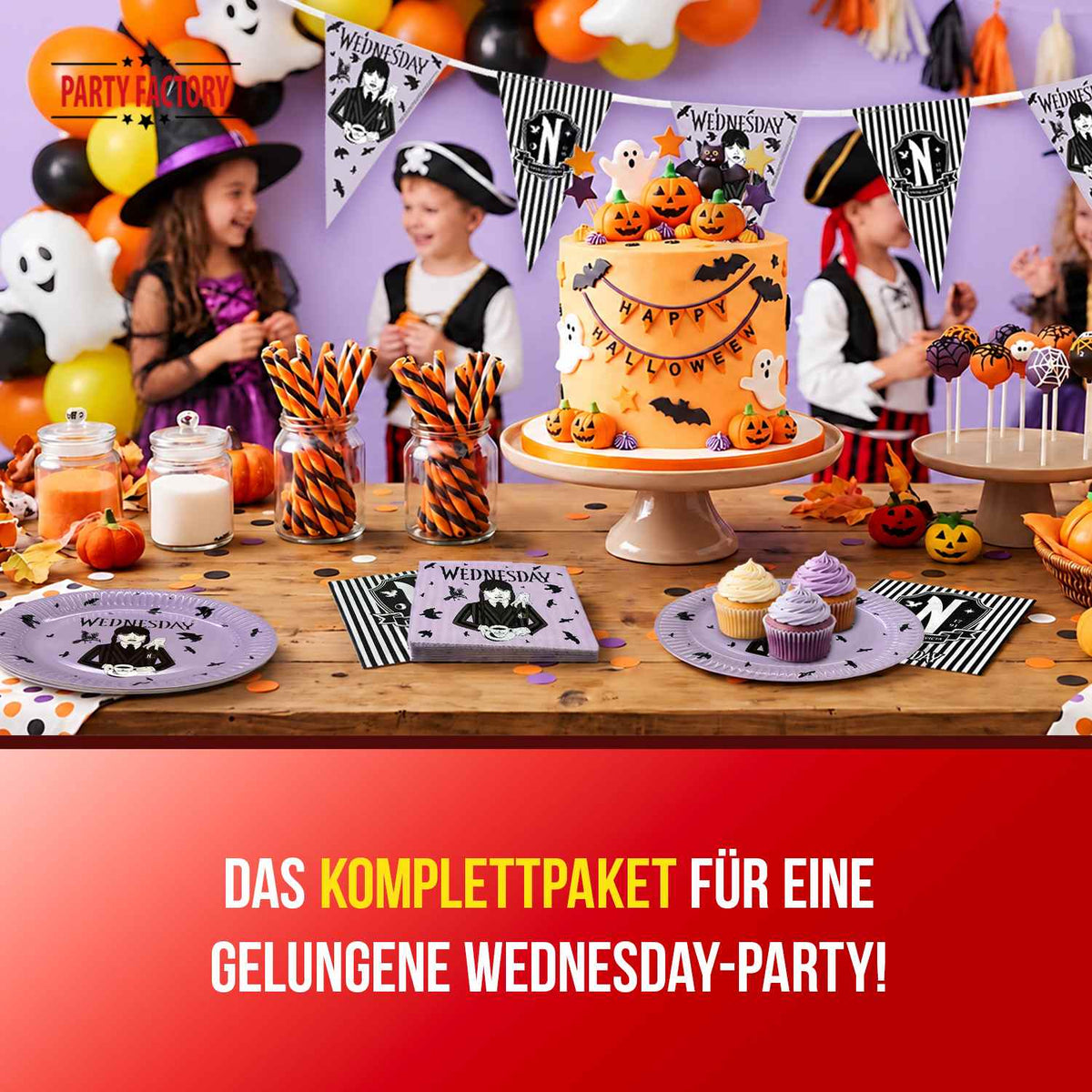Halloween Wednesday 57-teiliges Party-Set mit Tellern Servietten Wimpelkette lila 3