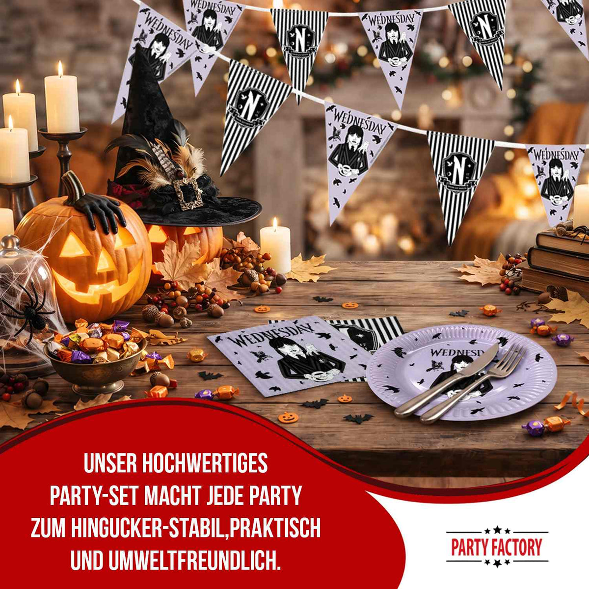 Halloween Wednesday 57-teiliges Party-Set mit Tellern Servietten Wimpelkette lila 5