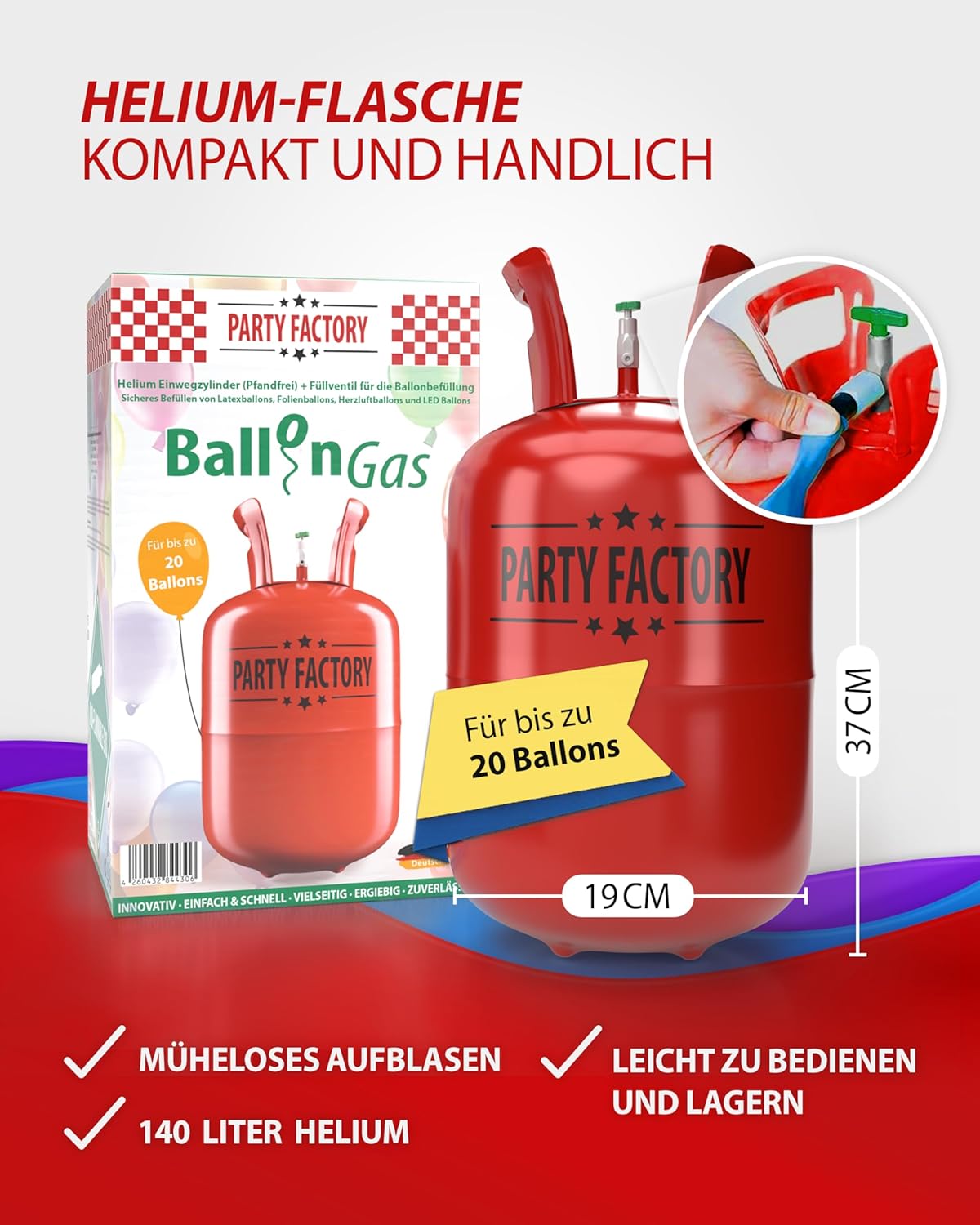 Ballongas Helium für bis zu 20 Luftballons, 0,14m³ Einwegflasche 13