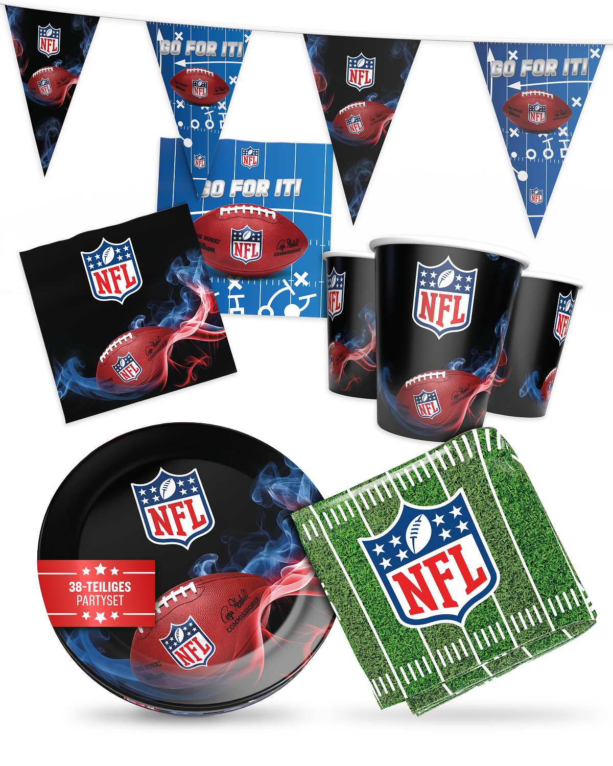 NFL Party Set schwarz 34tlg Teller Becher Servietten Wimpel Tischdecke