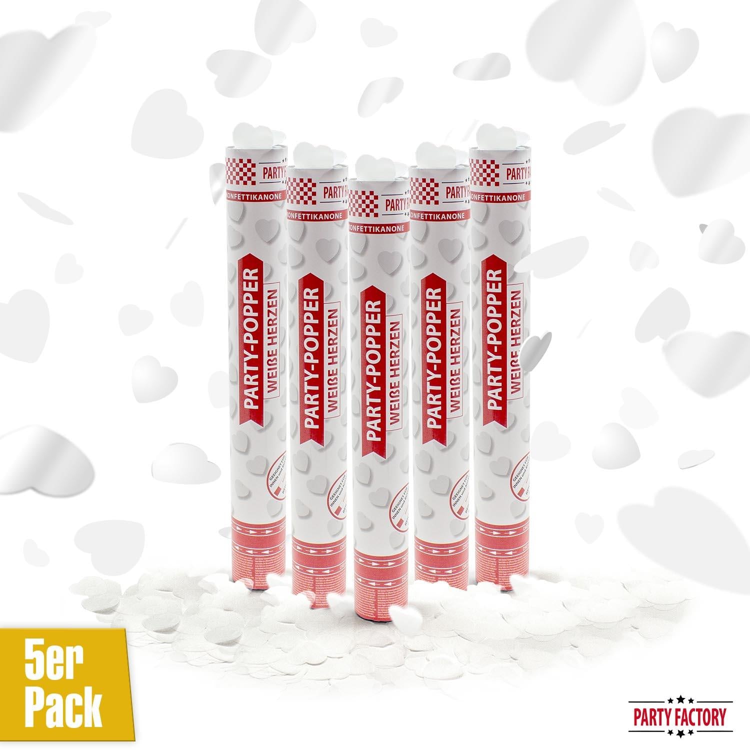 Party-Popper 40 cm Weisse Herzen, 5er Set
