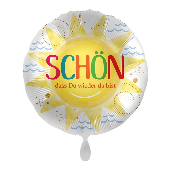 Hochwertiger Folienballon "Schön, dass Du wieder da bist", rund, mit Sonne und Wasser, Ø 43 cm