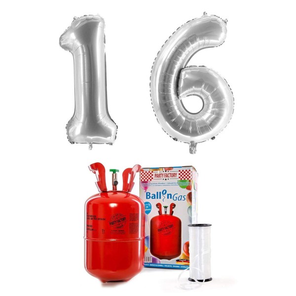 Helium-Set "Silberne 16" mit XXL Zahlenballons + 0,2m³ Ballongas