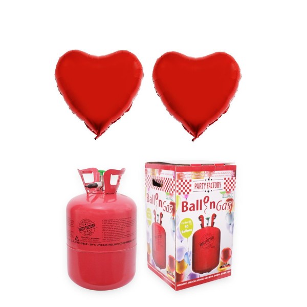Ballongas Helium 400 Liter im Set mit Folienballon 8x "Herz" Rot