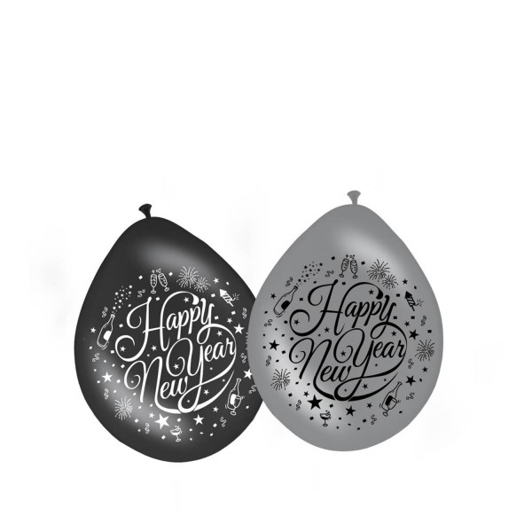Ballons "Happy New Year", 30 cm, grau und schwarz, 8er-Pack