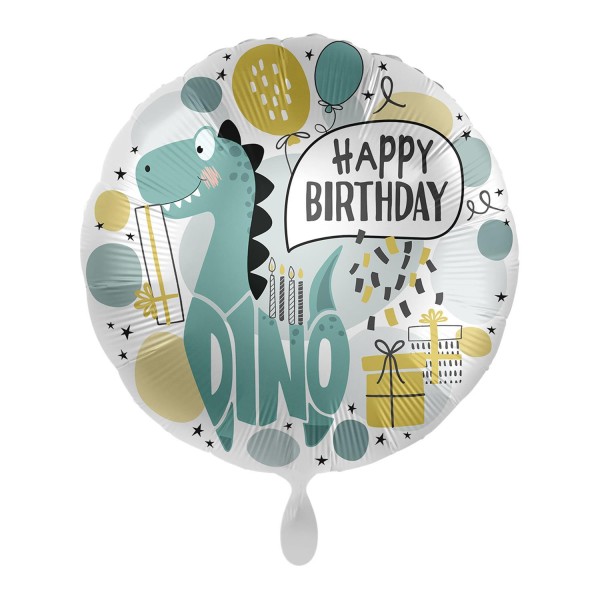 Folienballon Dino "Happy Birthday", für Kinder, rund, gelb, grün, silber, schwarz Ø 43 cm