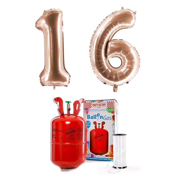 Helium-Set "16 roségold" mit XXL Zahlenballons + 0,2m³ Ballongas