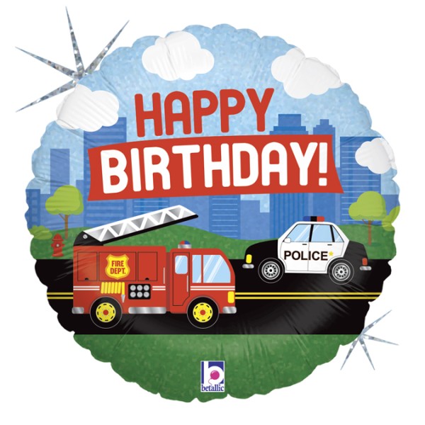 Folienballon Feuerwehr und Polizei "Happy Birthday", ø45cm