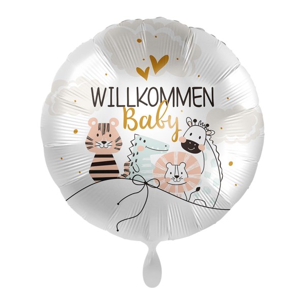 Folienballon "Willkommen, Baby", mit Tieren und Herzen, rund, Ø 43 cm