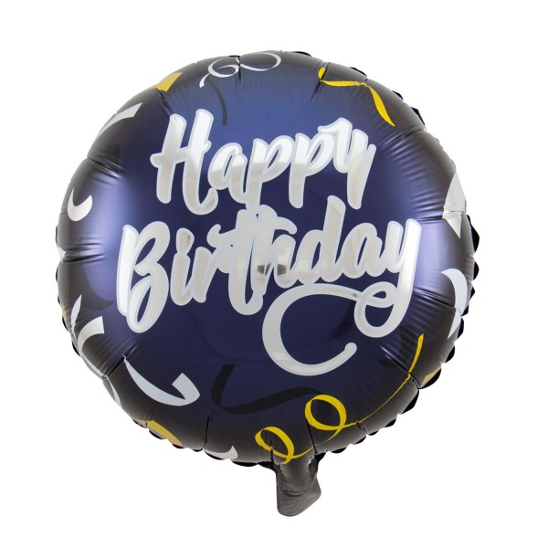 Ballon "Happy Birthday" in blauschwarz silberne Schrift