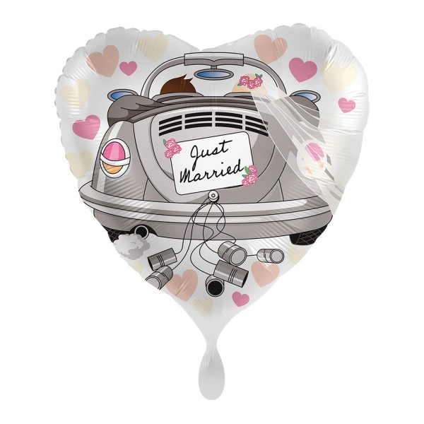 Romantischer Folienballon, Herzform, mit Hochzeitsauto und bunten Herzen, Ø 43 cm