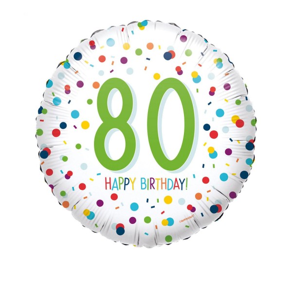 Folienballon Zahl 80, Happy Birthday Konfetti, ø45cm
